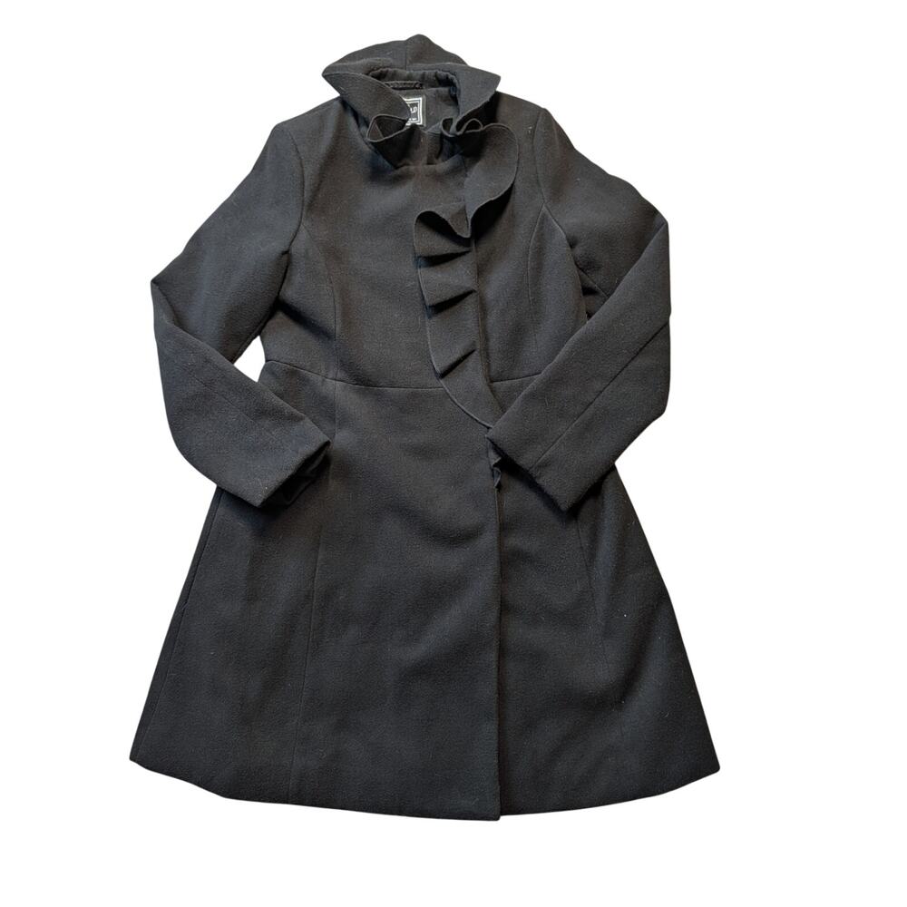 Rothschild Girls Black Faux Wool Ruffle Collar Button Up Pea Coat Jacket Sz L 14